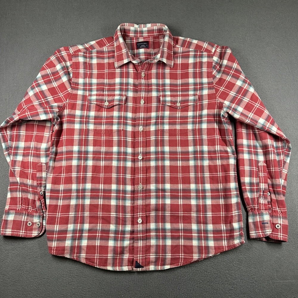 UNTUCKit Shirt Mens Large Red Plaid Flannel Long Sleeve Button Up Pockets Casual